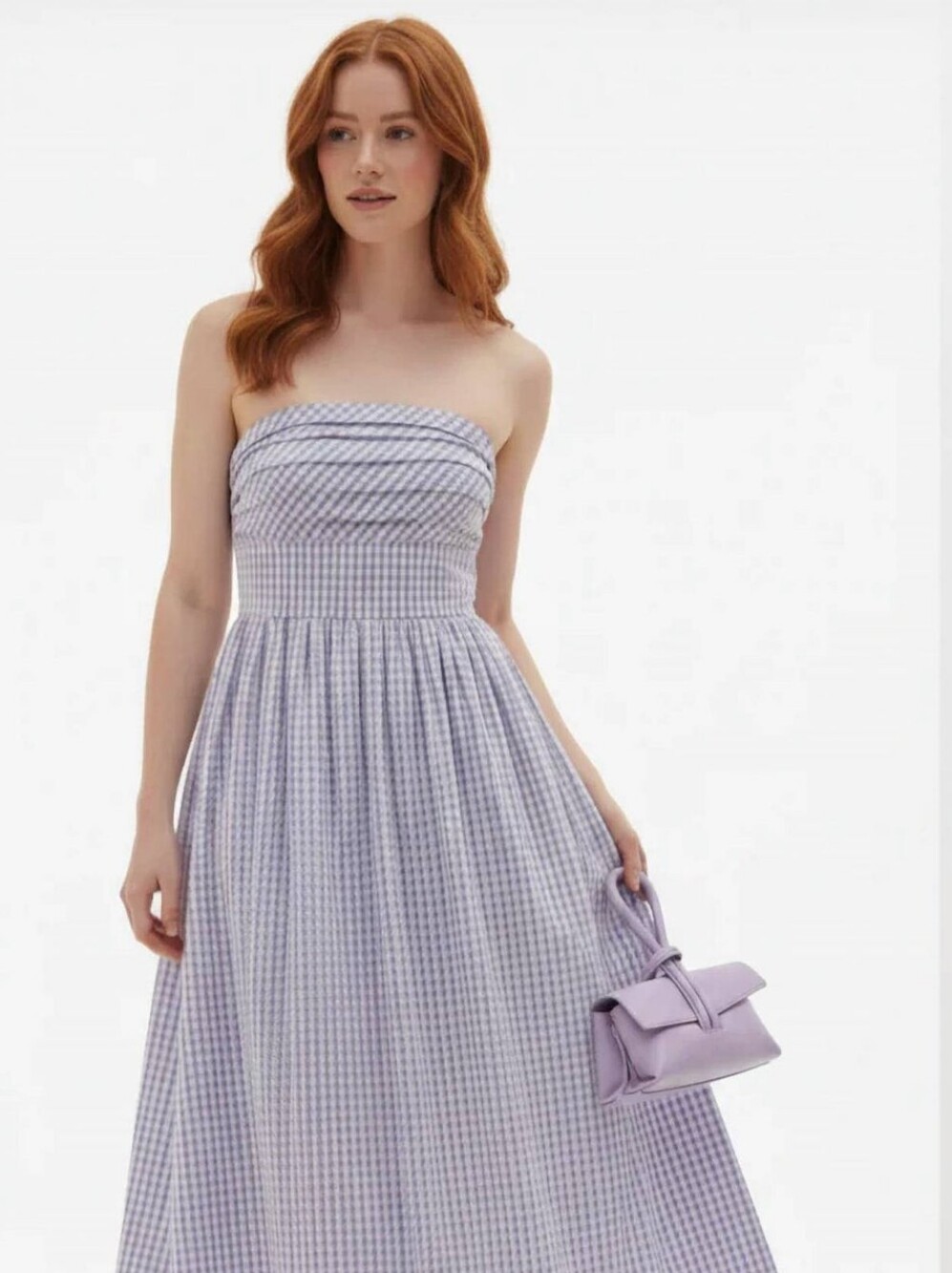 Cartolina Chalmers Strapless Seersucker Midi Dress Wisteria Lavender Gingham M - Picture 2 of 11
